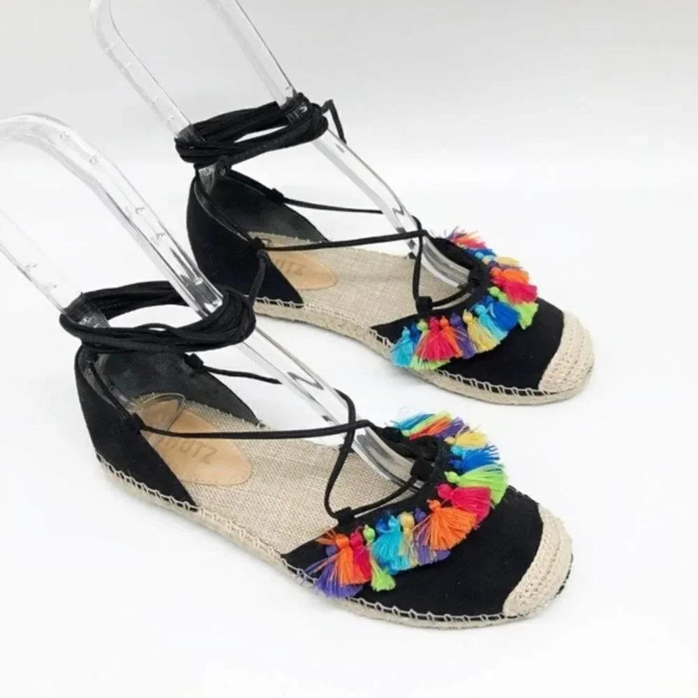 SCHUTZ Asha Black Suede Tassel Flat Espadrille